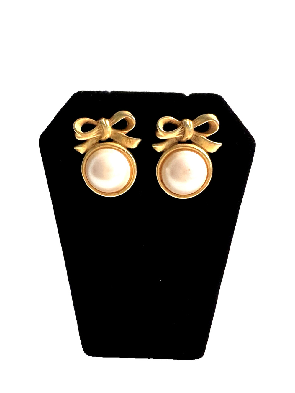 Faux Pearl Cabachon Earrings Gold Brass Plated Classic Bow Knot Vintage